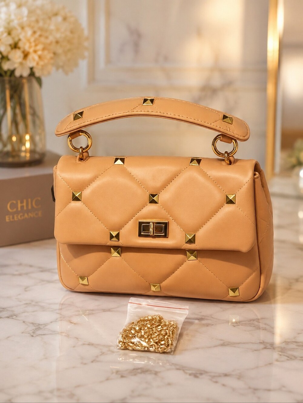 Quilted Top-Handle Stud Accent Shoulder Bag - Caramel Blush Nude